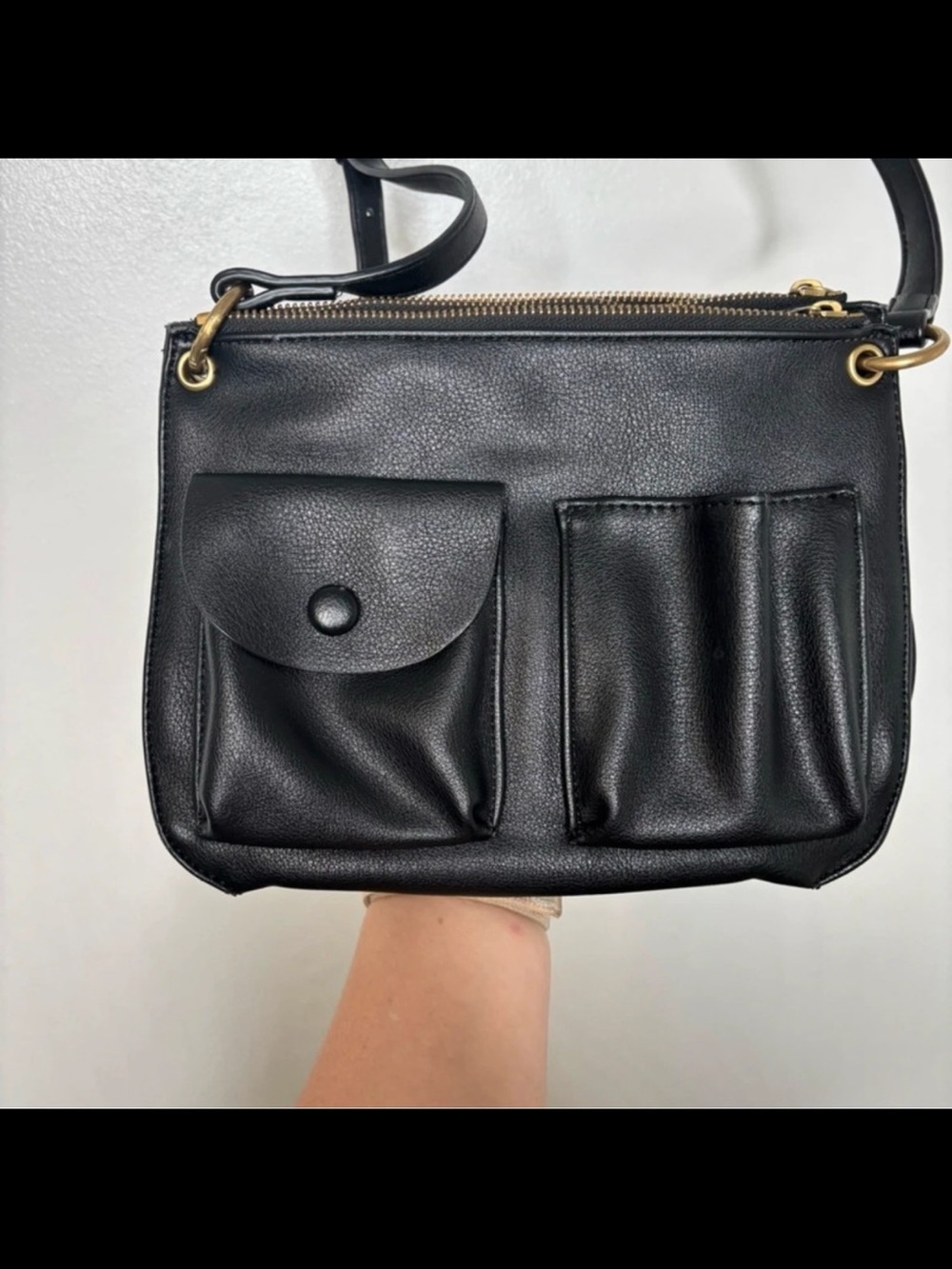 Anthropologie Black Pebbled Pocket Crossbody with Gold Hardware